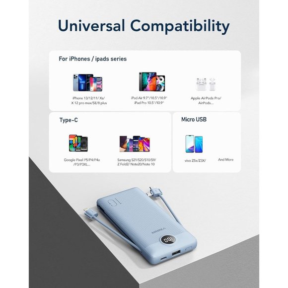 Power Bank for iPhone Built in Cables Fast Charging USB C Slim 10000 - Picture 6 of 9